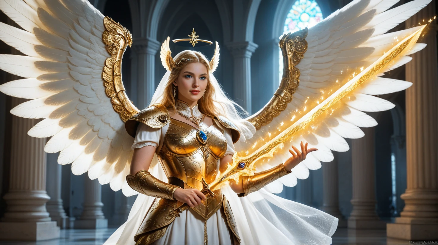 (8K, best quality:1.2), (masterpiece:1.37), (photo, photorealistic:1.37), (ultrahigh-res), shot from front, a female paladin in full body armor, (fullbody golden armor, ornately decorated, decorated in jewlery, :1.2), (metal plated angel wings:1.3), angelic halo, looks into camera, (insanely detailed, bloom:1.5), (highest quality, Alessandro Casagrande, Greg Rutkowski, Sally Mann, concept art, 4k), (analog:1.2), (high sharpness), (detailed pupils:1.1), detailed face and eyes, wears a helmet, Masterpiece, best quality, (highly detailed photo:1.1), (long blonde Hair,ecstatic:1.1), (young woman:1.1), sharp, (perfect body:1.1), realistic, real shadow, 3d, (Stained-glass windows :1.2), slow motion, (lens dirt: 1.3)
photographed by Canan EOS R6, 135mm, 1/1250s, f/2.8, ISO 400