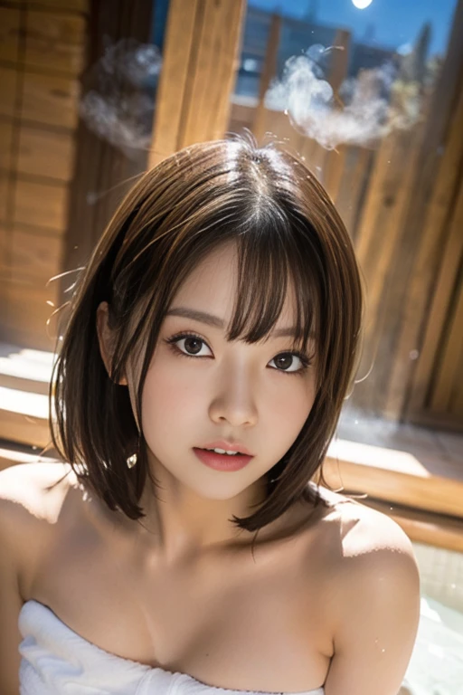 masutepiece, Best Quality, One girl, (Beautiful Girl:1.3), (18 years old:1.3), Very fine eye definition, (Symmetrical eyes:1.3), NSFW, (Bath towel, Off-shoulder:1.2), Beautiful breasts, Brown eyes, Parted bangs, Brown hair