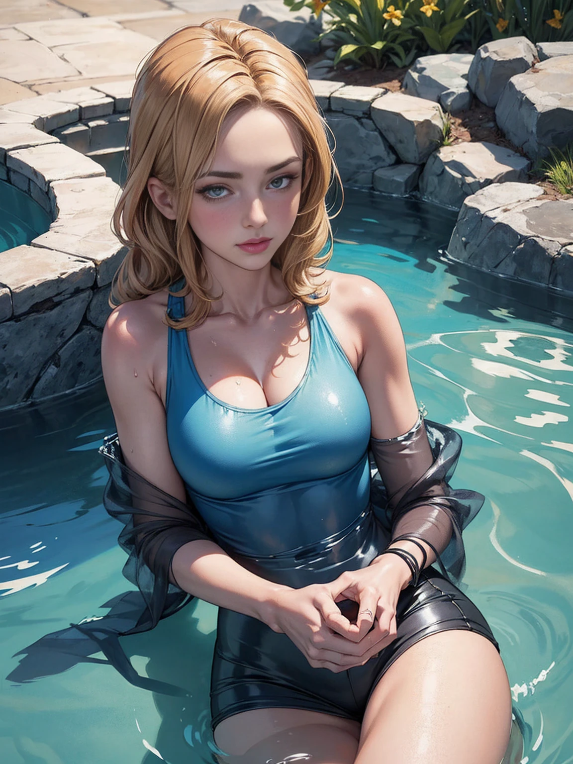 Create a photo realistic young woman with blonde hair (length until her shoulders), blue eyes and large boobs. She wears a white t-shirt, round neck, long fit and short sleeves, without a bra, and she also wears a uni color black cotton mini skirt. She climbs out a swimming pool, dripping wet. The t-shirt clings to her body and is a little transparent. Full body wide angle shot. -- auto s2
