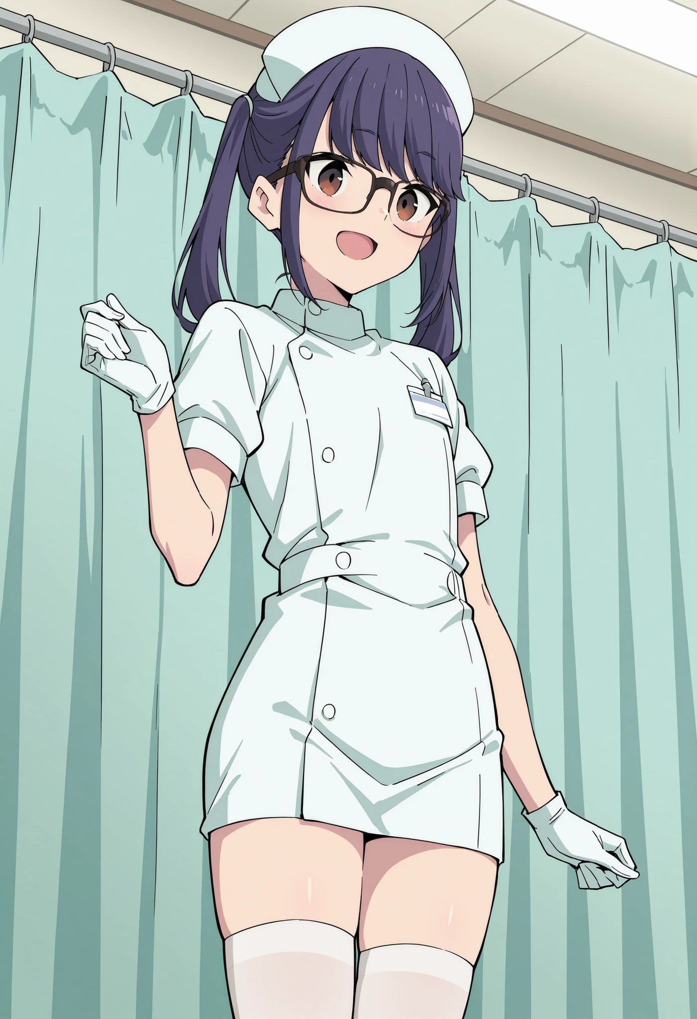 1woman, solo, nurse, white nurse cap, white nurse uniform, ((white legwear, zettai ryouiki)), white gloves, glasses, blue hair, orange eyes, pink lips, no impression, standing, ((hospital room)), sharp outline, short sleeves, mature female, 35yo, best quality, masterpiece