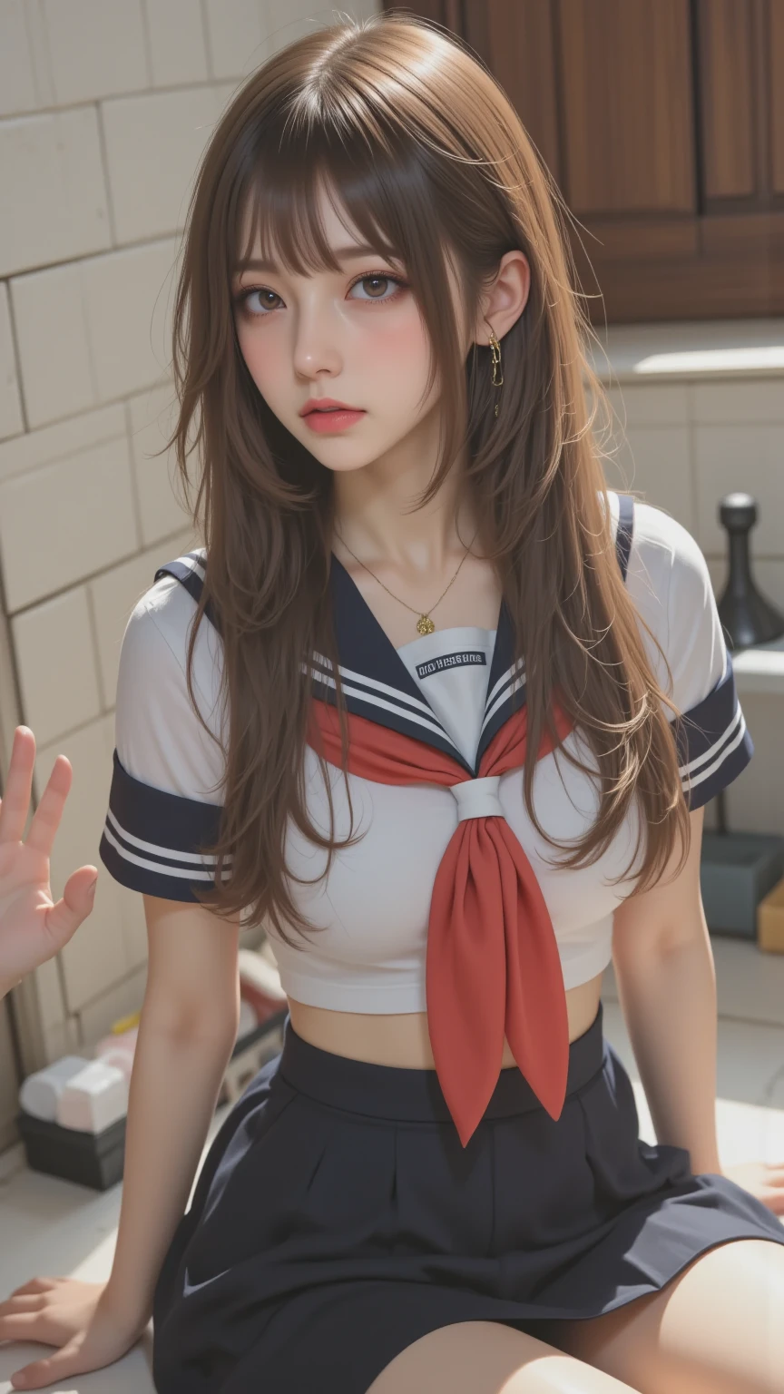 ((((highest quality))))、(((Ultra-precision CG16K wallpaper)))、(((masterpiece)))、(((Super detailed)))、(((Extreme detail)))、((1Mature 29 year old woman:1.6))、((Very beautiful Japanese faces))、((Yua Mikami:1.5))、((Straight medium hair、blunt bangs:1.5))、(Shiny brown hair)、Beautiful delicate brown eyes、eyeliner、eye shadow、High nose、Small nostrils、Small Mouth、Seductive lips、Beautiful breasts、((C cup size breasts))、Cleavage、Voluptuous body、eight-headed body、Perfect proportions、Perfect Anatomy、Perfect composition、Beautiful detailed shading、Beautiful, natural lighting、Beautiful detail glow、Depth of written boundary、(((High chroma)))、(((Real:1.9)))、((vivid:1.5))、((Beautiful Skin))、((Skin Texture))、((Realな皮膚感))、(((Full Shot:1.6)))、((Front view、Front low angle:1.6))、(((Confused face:1.4)))、(Woman is facing the front:1.6)、Bright daylight、Natural light、(((Inside the train:1.6)))、(Gravure idol pose:1.5)、(((High school girl wearing sailor uniform:1.6)))、((Earrings、Wearing a hair band:1.3))、