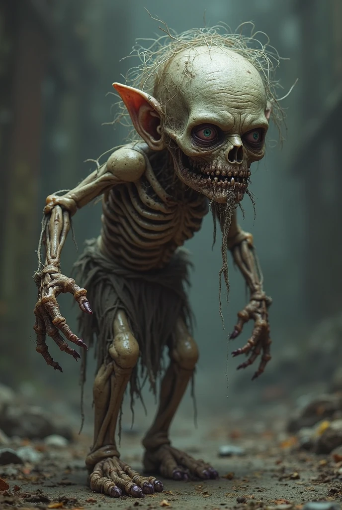 A realistic style image of a green goblin, He's skinny, has 1,30 of alturq ,with spores and mushrooms growing on it, he has a wooden staff that has vines and mushrooms, and a squirrel skeleton on the tip, next to the goblin there are 2 zombies and a skeleton , with realistic details and dramatic lighting to emphasize the character's mysterious atmosphere.