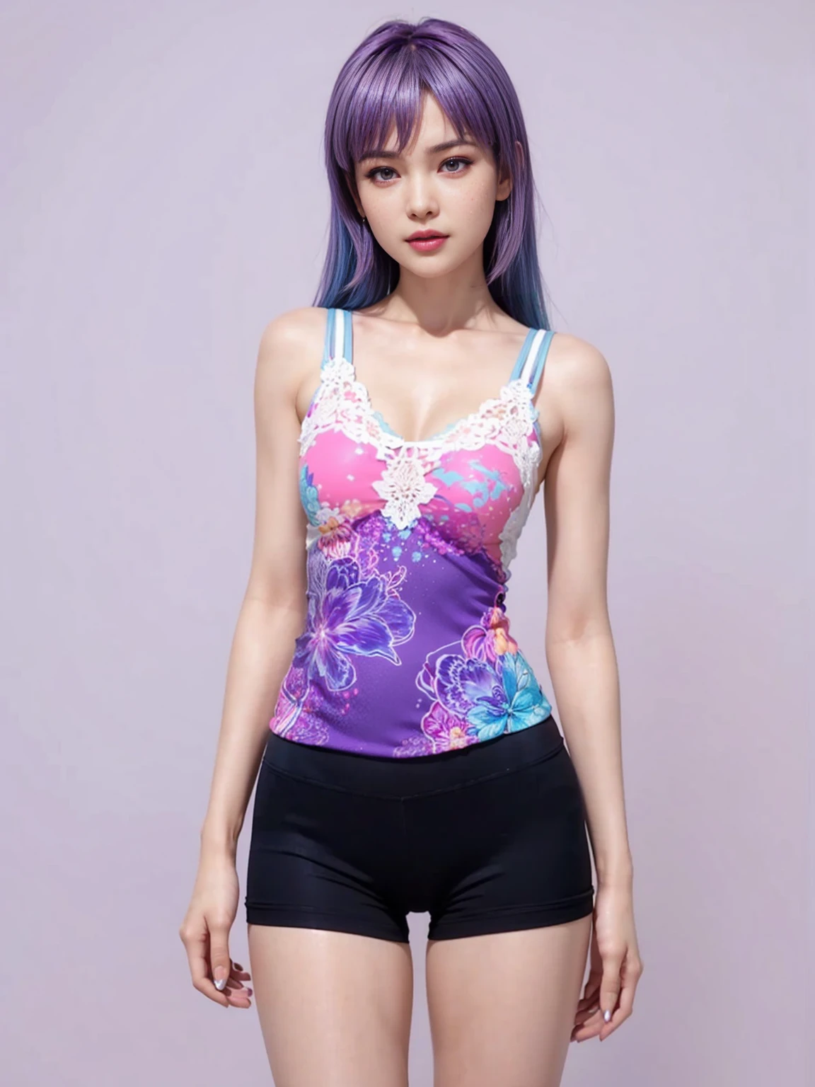 ((work of art, best qualityer)), (negative space: 1.2), (1 girl, standing alone: 1.4), petals, greeneyes, Girl in tight and short panties and bra, cabelo roxo, high ponytail, hair blonde, defined abs, party background