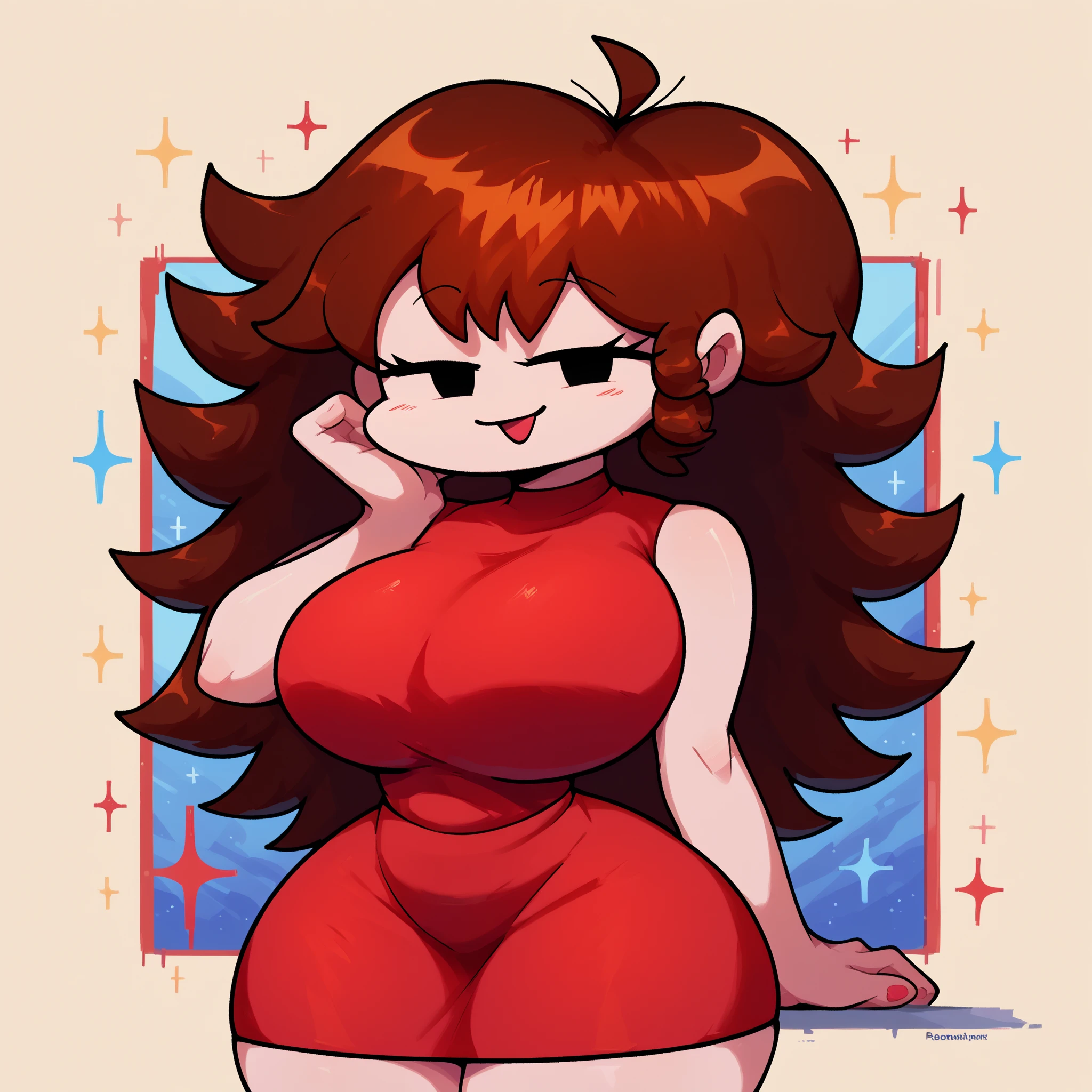 A beautiful woman sexy attractive shy nervous scared big breast long curly hair yellow eye big eyelash black red lip wears black bra corset huge thigh full shows navel and a thong lady black leg wide huge ears golden earrings