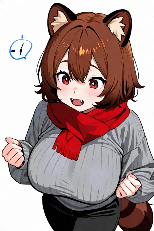 highres,1girl,bangs,brown hair,blush,red eyes,open mouth,fang,dark-skinned female,hair between eyes,hair ornament,hairclip,looking at viewer,smile,solo,v-shaped eyebrows,bun hair,thighhighs,underwear,sweater