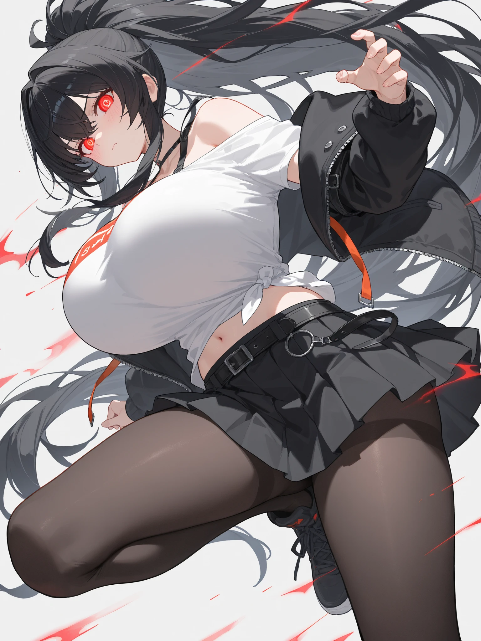 (Meisterwerk, Best quality:1.2), 1girl, Allein,Stehen_Teilt, 
Yuuki isst, lange Haare，Schwarz sleeveless tank top，rosa Rock，Schwarz, very large breasts, sweet girl, stands on one leg and holds the other leg in the air at a 180 degree angle