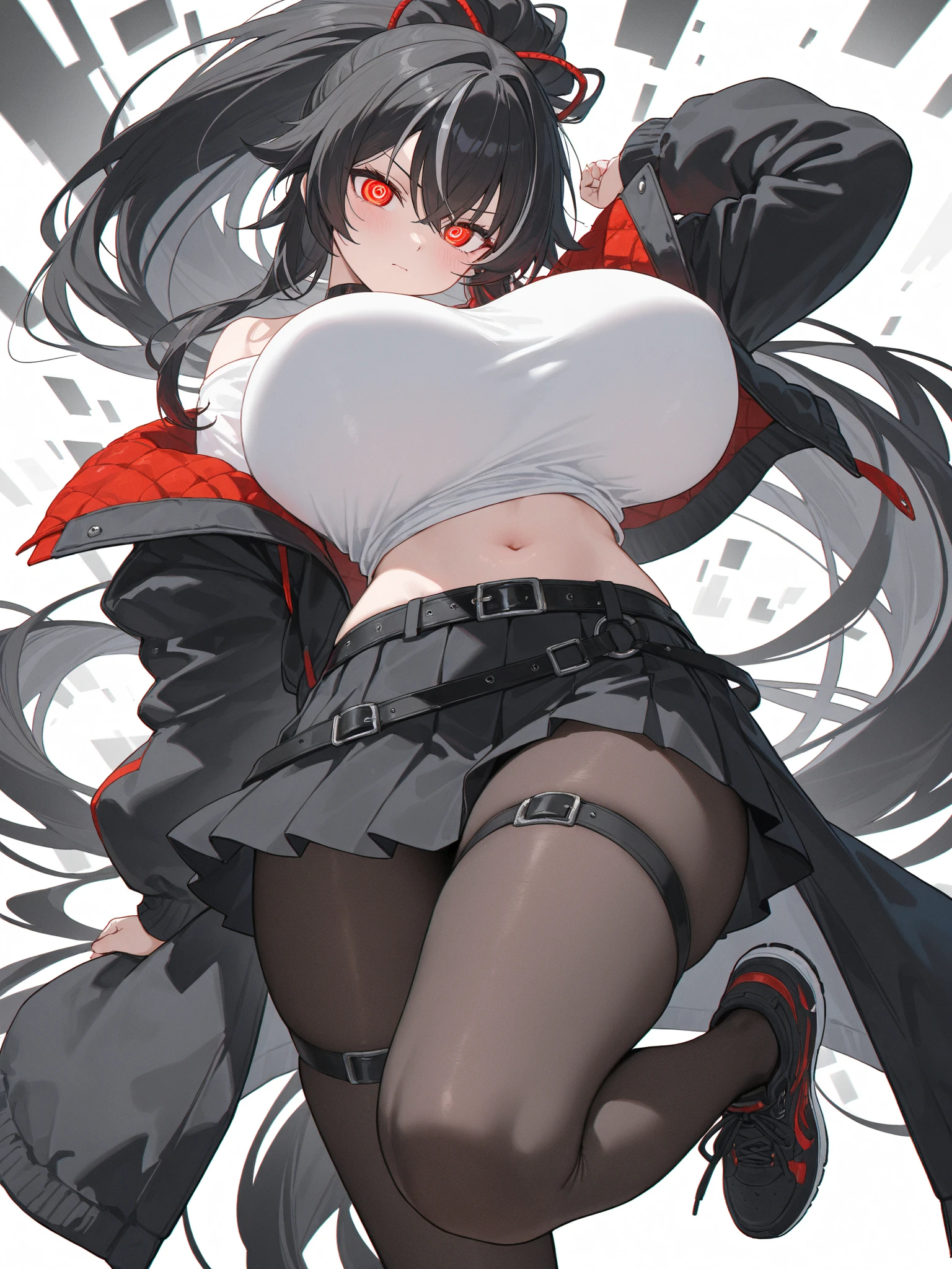 1 girl, pale skin, gray shoulder shirt with black stripe, with black panties, black socks, devil tail, black hair with long bangs, straight black horns, big boobs, with red eyes and big lashes, with sexy poses