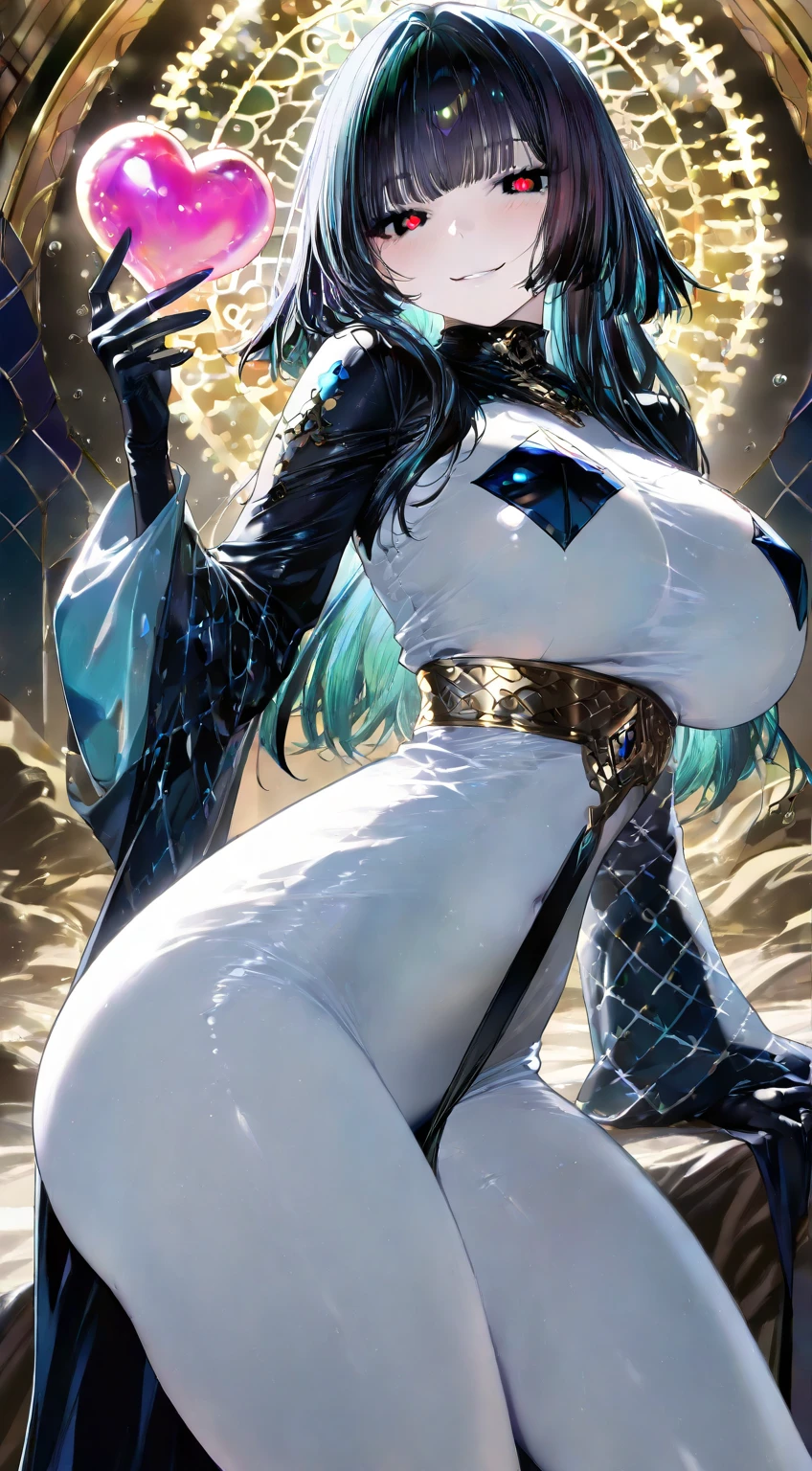 absurd res, (good quality, best quality:1.1), digital media \(artwork\), by walter sache, arceus, 1girl, anthro, standing, (large breasts:0.7), ((huge breasts)), wide hips, hand on hip, big thighs, straight-on, green sclera, red eyes, glowing eyes, glowing, detailed background, night, field, (star \(sky\), cosmos, black sky:1.2), (8k hd, hdr:1.1)