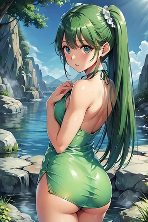 (8K、masterpiece、Highly detailed background、high resolution)、(mitsuri kanroji)、(Open-air bath、Back view、Hide nakedness with your hands)