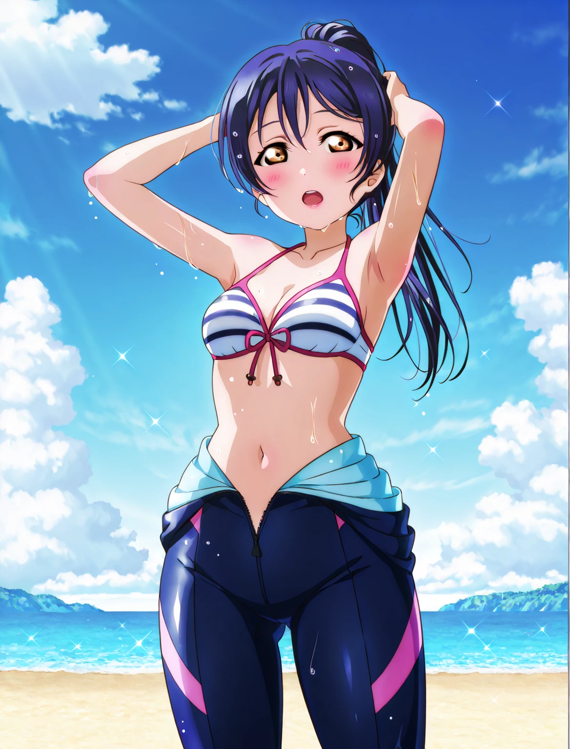 (((pixel-perfect, detail-perfect))), solo, 1girl, Karin asaka, smile, eyes azzur, hair blue, sauna, armpit, bikini, large extreme filesize, ultra High Qality