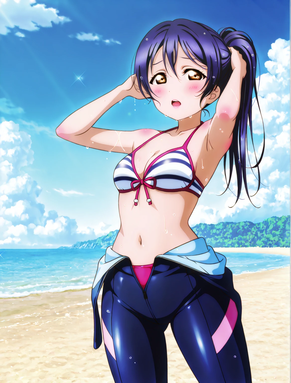 (((pixel-perfect, detail-perfect))), solo, 1girl, kanan matsuura, smile, eyes violet, hair blue, sauna pool, bikini, armpit, medium filesize, ultra High Qality