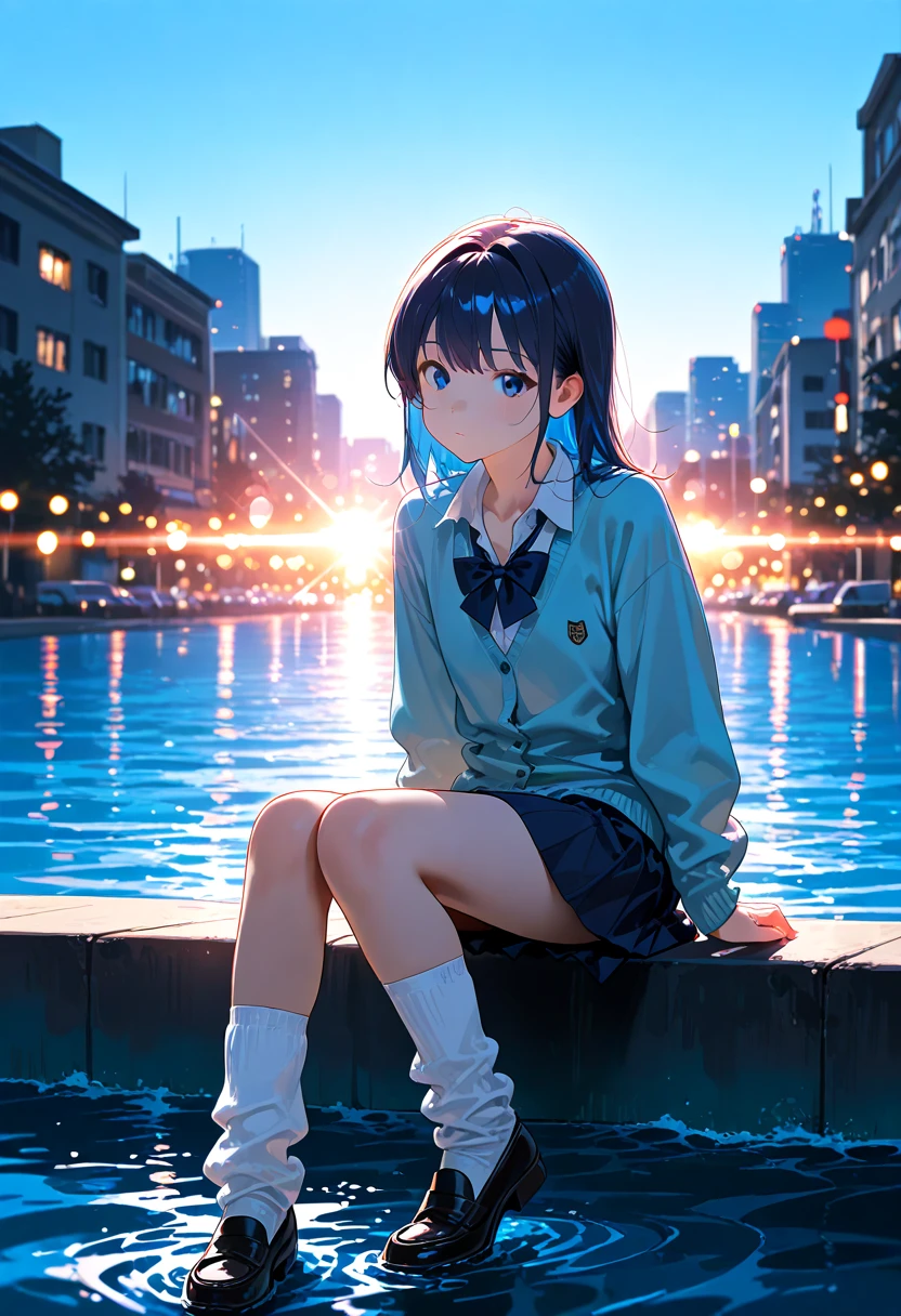 elementary school girl, blows wind,floated hair,Wind, Colorful, , masterpiece, Sit up, side from, A smile, lighthouse, starrysky,Female Kirito