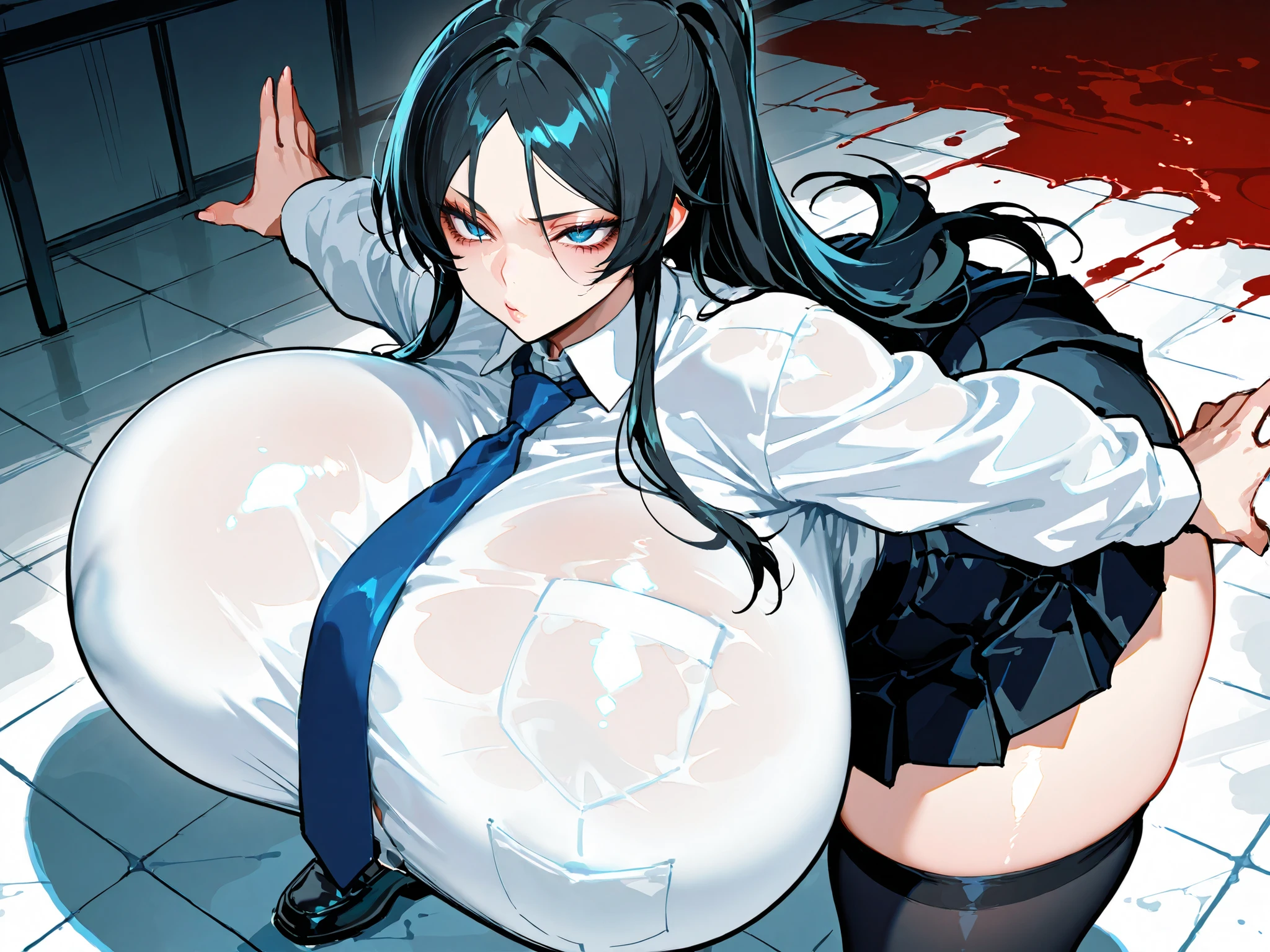 Final Fantasy 7 Tifa Lockhart Indoor at night、Wearing black pantyhose Wearing a mini skirt、Wearing black clothing、Big Breasts、stylish、Clothes get torn、Defeated by a Goblin、Thin legs、Long black hair、bare hands、Wearing red shoes、panting loudly、Goblins tearing your clothes