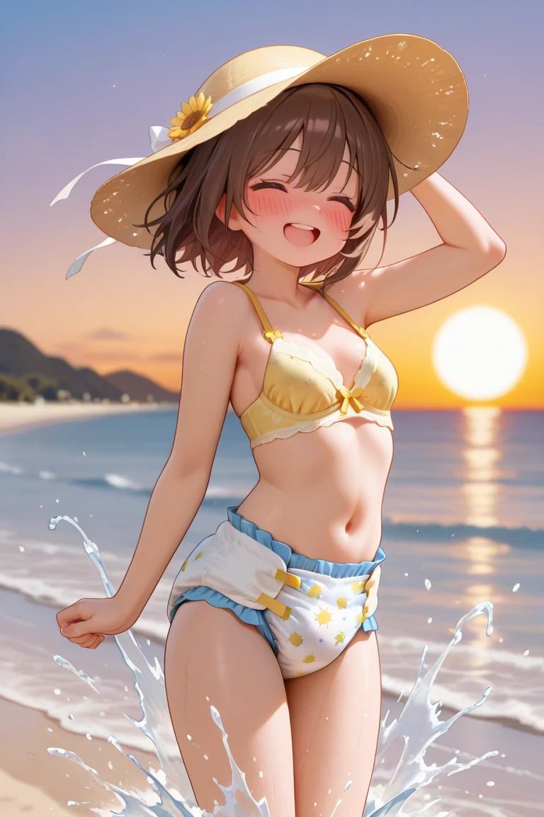 NSFW,(One girl:1.5),subaru_bikini、Striped bikini、Ribbon Hairband、Two-tone jacket、barefoot,(Perfect hands),(Perfect Anatomy),(masterpiece),(highest quality),(Excited:1.5),Embarrassed,blush,beach,Palm tree,Rock Shade