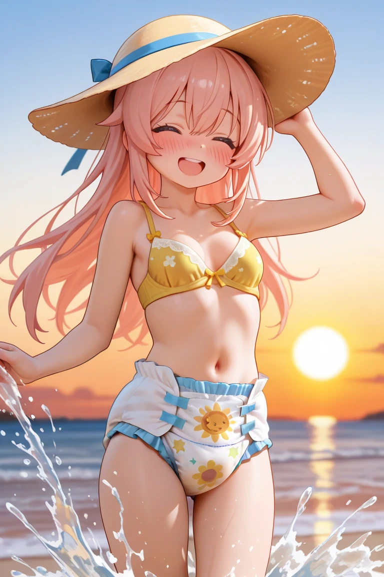 Highest quality、masterpiece、beautiful、Detailed、Age: 12、middle School girls、Beach、dynamic pose、Low - Angle、smile、Slim figure、(Wet and see-through clothing:1)、