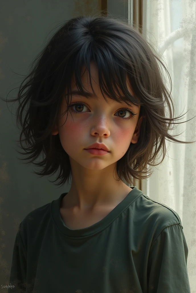 Cartoon pixar de menina de 4 anos,cabelos curtos e cacheados que gostava de usar jaqueta puffer preta, She's standing, rosto emburrado. Olhos muito expressivos cor mel claro.