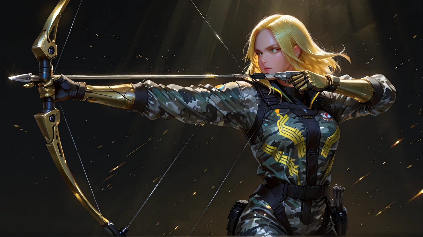 Hyper-realistic 8K photography, accurate cinematic lighting with natural highlights and shadows. Lone female warrior, overwhelming presence, wielding a futuristic Olympic precision compound bow. Advanced tactical attire: white base, neon yellow accents, yellowish-black metals with realistic gold reflections. Reflective synthetic overcoat with geometric camo, perfectly balanced in motion. Rigorous anatomical proportions, realistic muscle definition, natural limb positioning. Professional archery stance with Olympic-level precision, realistic grip and tension on bowstring, fingers properly positioned. Ultralight reinforced carbon-metal alloy bow, built-in lighting, energy-reactive polymer strings for silent shots. Reinforced carbon-titanium arrows with dynamic tracking. Moonlight outlines silhouette, shadows enhance lethal presence. True-to-life hair flow, fabric physics responding naturally to wind. Smooth rendering, high-detail textures, no visible artifacts, ensuring sharpness, anatomical fidelity and cinematic gallery impact