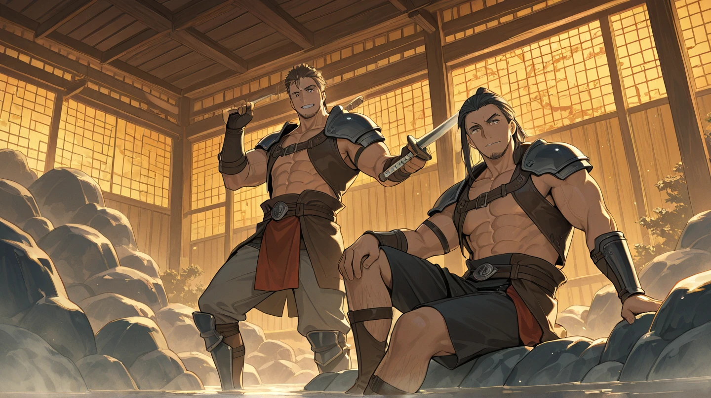 Two men. one, a samurai in black armor, muscular, and goatee. the other, a tramp, medical expert, muscular y de aspecto descuidado. Both having a rivalry between them.