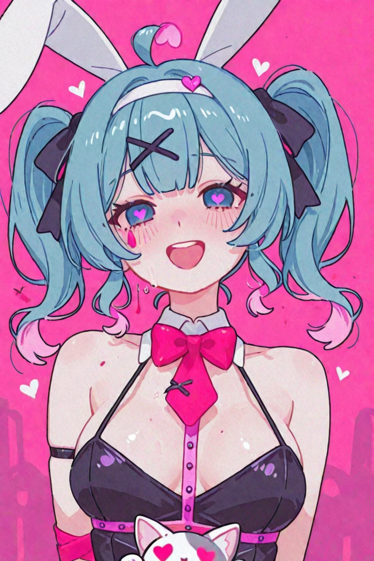 A woman with blue hair and tattoos stands in front of a pink wall, jinx from league of legends, portrait of jinx from arcane, jinx expression, jinx face, jinx from arcane, Arcane Jinx, 2 d anime style, vi from league of legends, beautiful blue-haired girl, 2d art cover, inspired by rossdraws, Girl with blue hair,bite lips