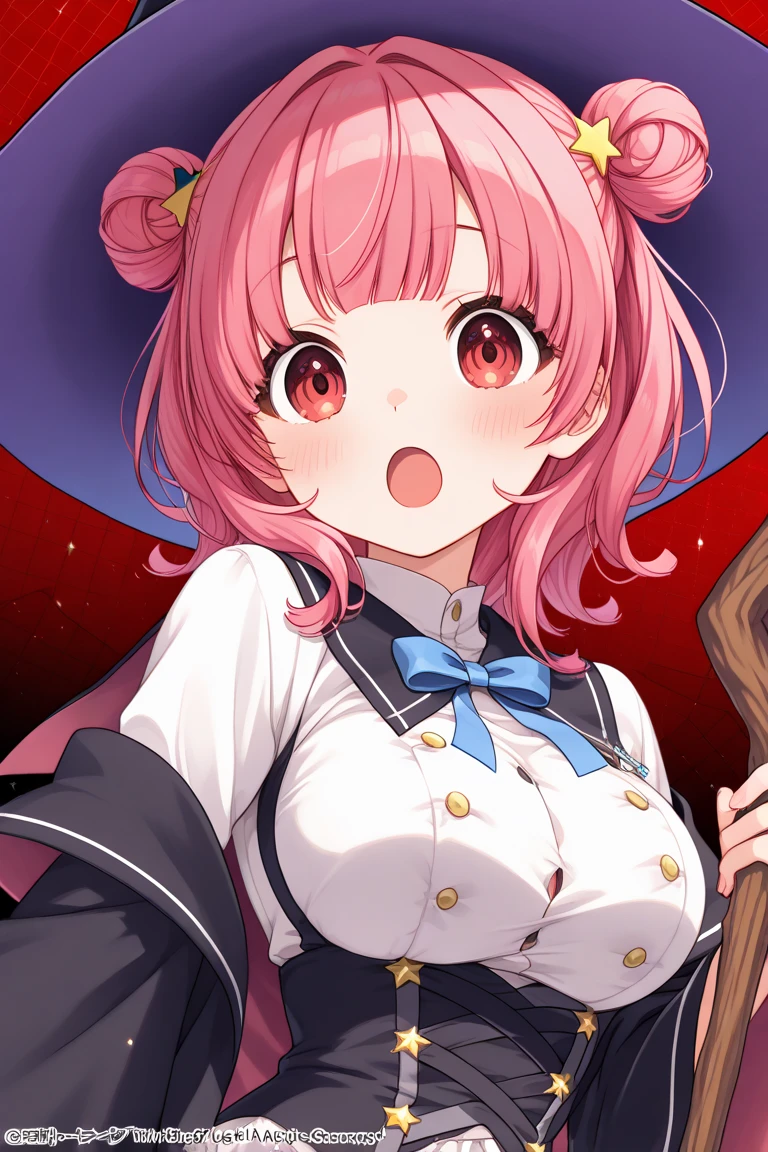 ((masutepiece, Best Quality, hight resolution, nffsw, Perfect Pixel, depth of fields, 4K, )), 1girl in, Solo, , Beautiful anime girl, Beautiful Art Style, close up, Looking at Viewer, Perfect body, Yuigahama Yui, Short hair, pink hair, hairbun, hair braid, (large boob), earrings, smiling, wink, winking, one eye open, white witch outfit, sailor hat, cleavage, holding magic staff, blank white background, cowboy shot