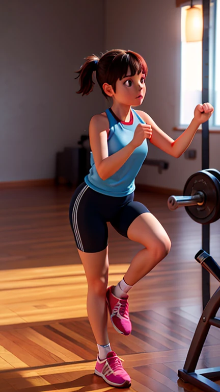 cute 9 year old girl in tight sports suit, in a gym and squatting