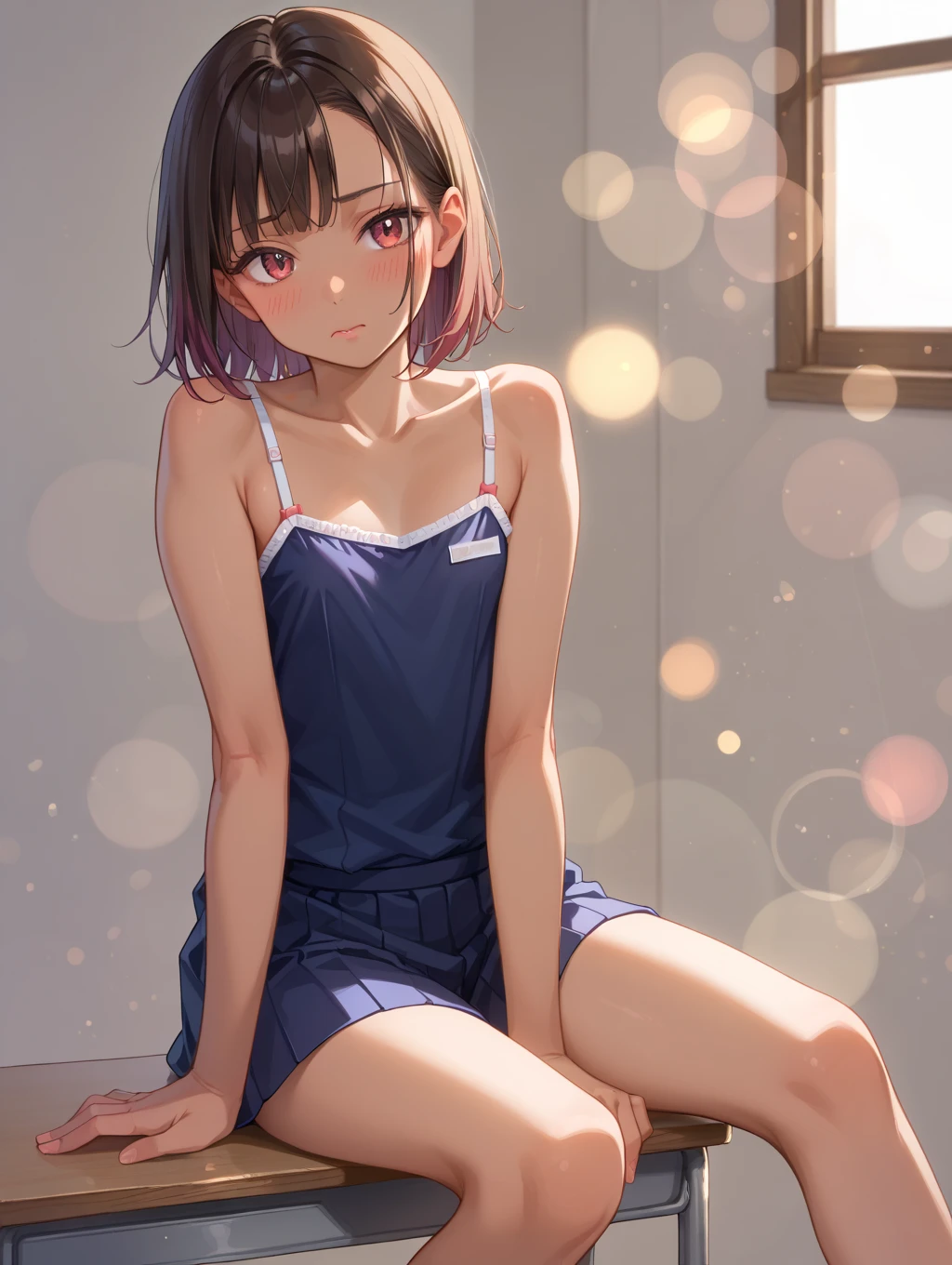 high quality、最high quality、Ultra-high resolution、Slender beauty、School Swimsuit、short hair、Holding my knees、On the bed,((最high quality)), (Very detailed), (High-definition CG synthesis 8K wallpaper), 高いly detailed, 高い-definition raw color photos, Professional photography, (((Bokeh))), Written boundary depth,