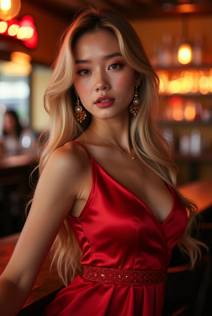 Draw a beautiful girl, with an anime drawing style, draw her in a bar, with a glass, the lighting favors it, She wears a revealing red dress., has blonde hair, bright red eyes and pale skin, she has somewhat large breasts 