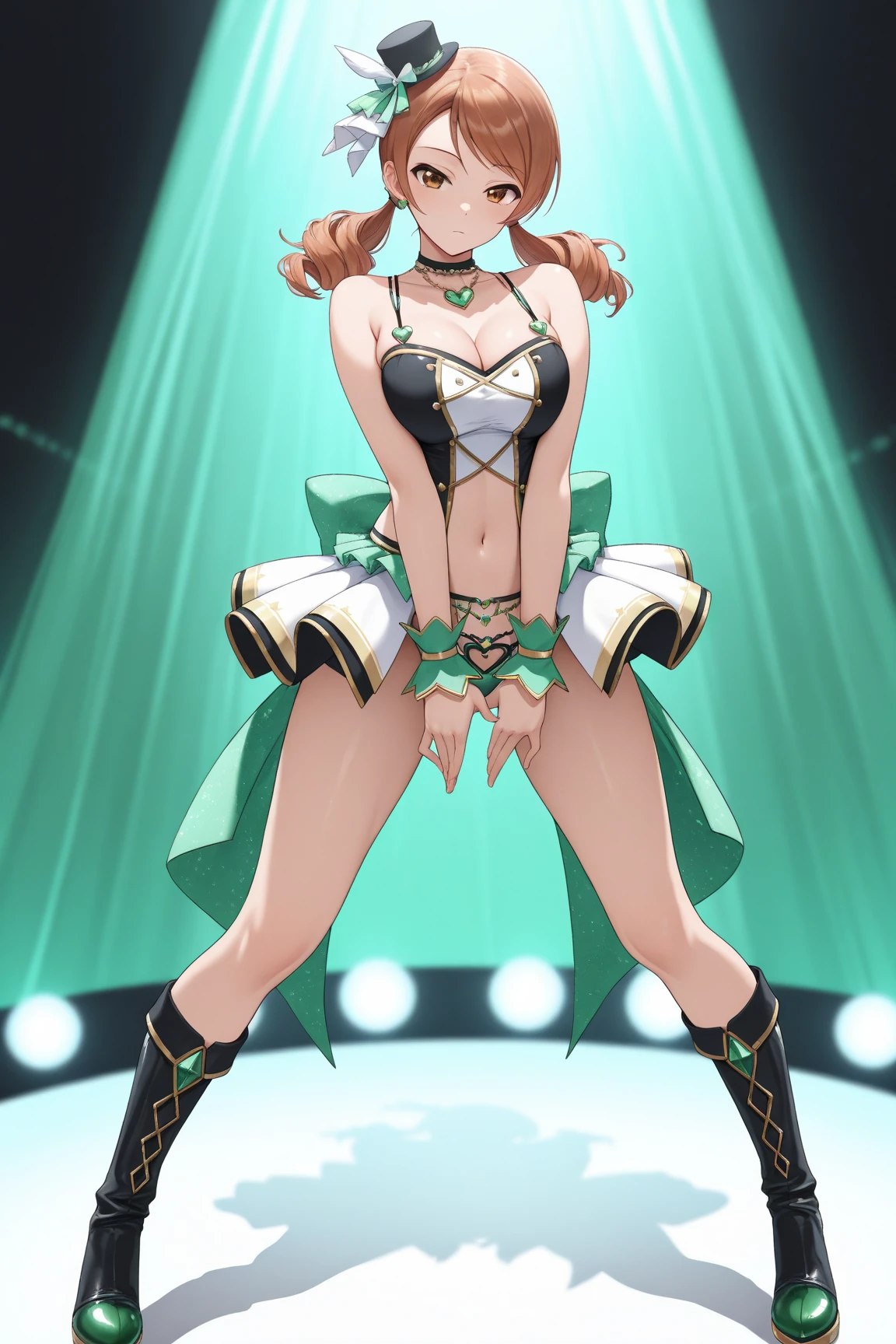 (masterpiece),best quality,ultra-detailed, perfect hands(Delicate finger expression), perfect legs, Delicate eye expression, delicate face expression,1girl (teles(naked body), earrings, jewelry, blonde hair, long hair,green ribbon, green eyes(empty eye)), looking at viewer, open mouth(wicked smile), closed mouth, Solo, nude, full body, maid (black, miniskirt), maid headdress, teles is passionately dancing in a provocative and sexy way. both hands above head, Raise one leg to appeal sexiness. Full-body, beautiful women, Cute little girl