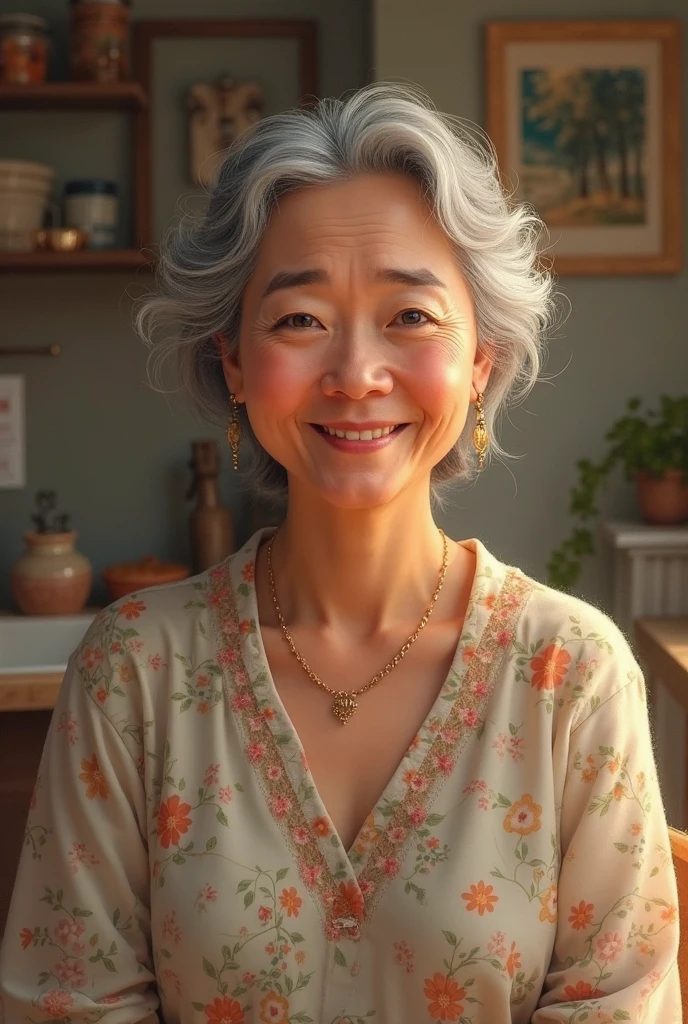 (8K, RAW Photos, Highest quality, masterpiece:1.2), (Realistic, photo-Realistic:1.37), Super detailed, 60 years old,1 female,round face,cute, alone,Talking,night,Sitting,Date,(smile:1.1),(Reduce skin exposure)