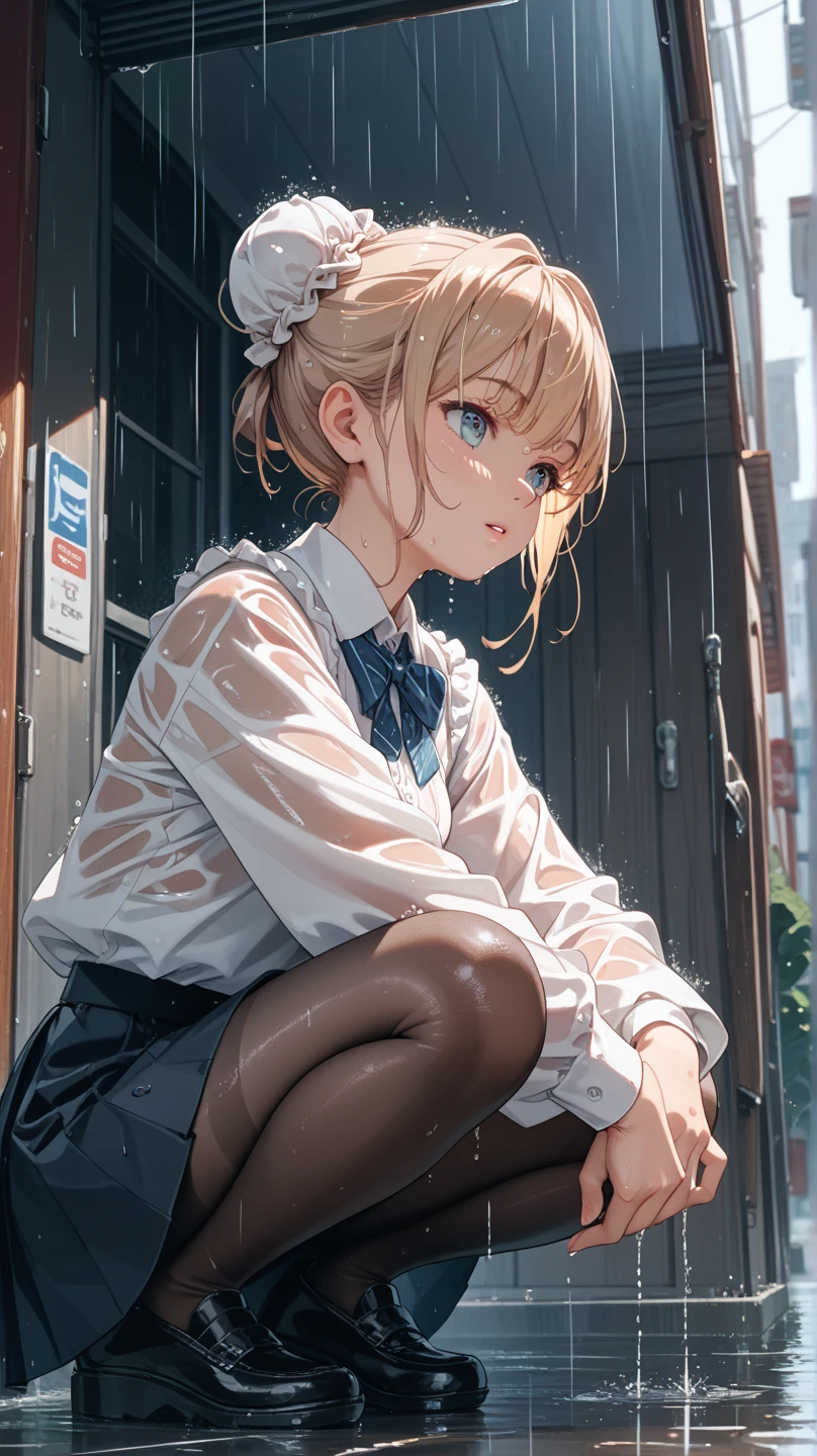 Heavy rain，(stormy atmosphere)，outdoors，highest quality, anime moe art style,Best Anime 8K Kona-chan Wallpaper，Pixiv contest winners，perfect anatomy, (Please draw a girl walking sleepily to school)，break, 1 girl, (13 years old:1.4)，high school student, (short hair), amount, (hair above one eye:1.9)，All limbs, full finger，medium breasts, between legs, small eyes，Precise blue eyes，hair clip, (sailor suit:1.5)，(school uniform:1.5) ，(wet clothes:1.5)，(skirt)，On the way to school，break，Super detailed,High resolution，super dense skin，professional lighting，8K eye details，(cute illustration:1.2)，blonde hair，(wet hair:1.4)，(bra visible through clothes:1.3)，No expression，(hair above one eye:1.2)，(Bawl)，(Embarrassed)，(steepled fingers)，(squatting)，(looking away), (half open mouth)，(white pants)