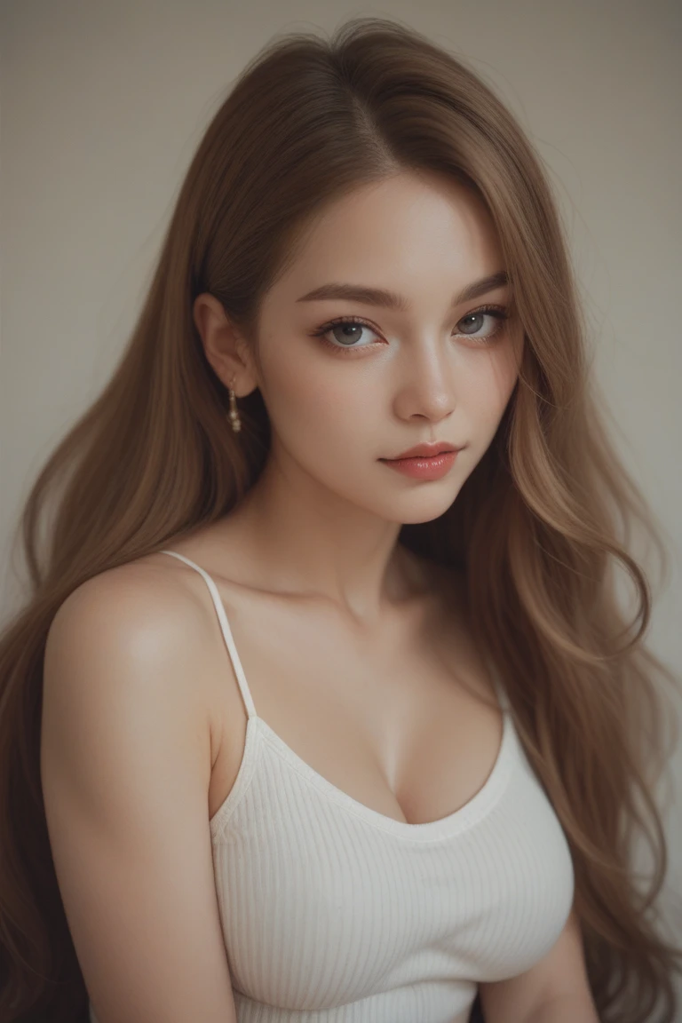 a beautiful young woman, fluffy wavy hair, striking grey eyes, professional photo, dramatic colors, looking at viewer, (longneck:1.35)