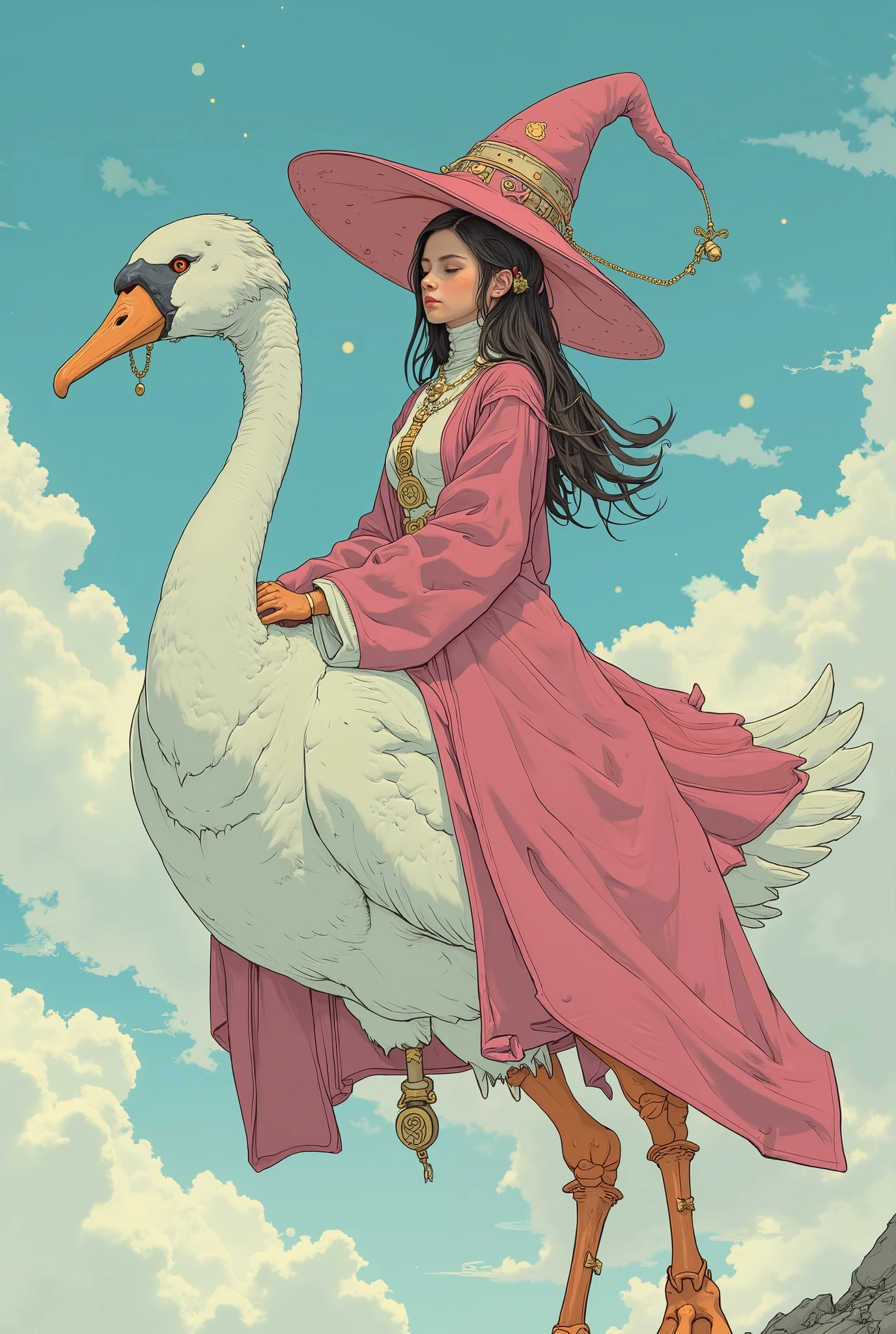 Sky, Land, Sea & Beyond—engineer the ultimate mount for interdimensional travel!, girls wizard riding a flying giant swan. the girl wizard wears a rich pink pointy hat with the same magic robe, and a cream turtleneck under her robe. her long skirt is rich pink. view from above sky. realistic proposition and pose