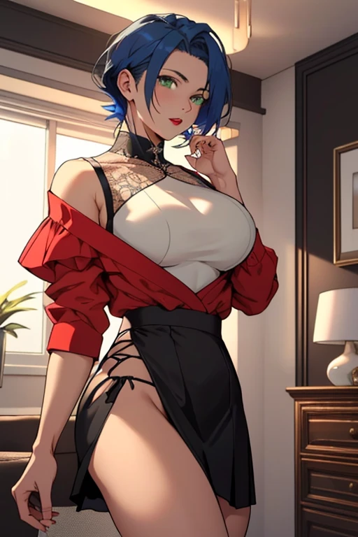1 chica, golpes, pelo negro, Corte de pelo corto, ropa negra, mangas largas, emo, de pie, ojos rojos, solo, tetona, fondo sencillo, Falda negra, pantys, (oral invitation: 1.4), ((Obra maestra))
