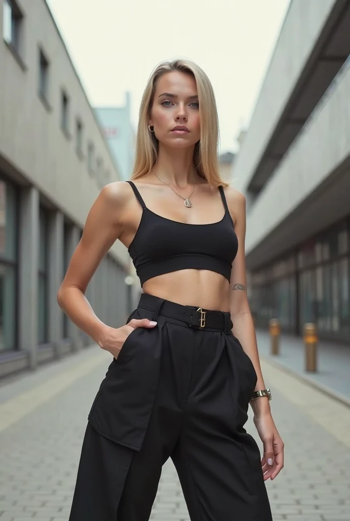 (RAW Photo), DSLR,F/1.2, young woman in black top and leather skirt, standing next to a column, bob haircut, blonde wavy hair, realistic skin, ultra textured skin, skin imperfections, (real skin:1.1), ((tanned skin)), (detailed skin), stunning, perky, bokeh Grim, lying down, Natalie, evening, imperfections, flash, realistic background, detailed background,