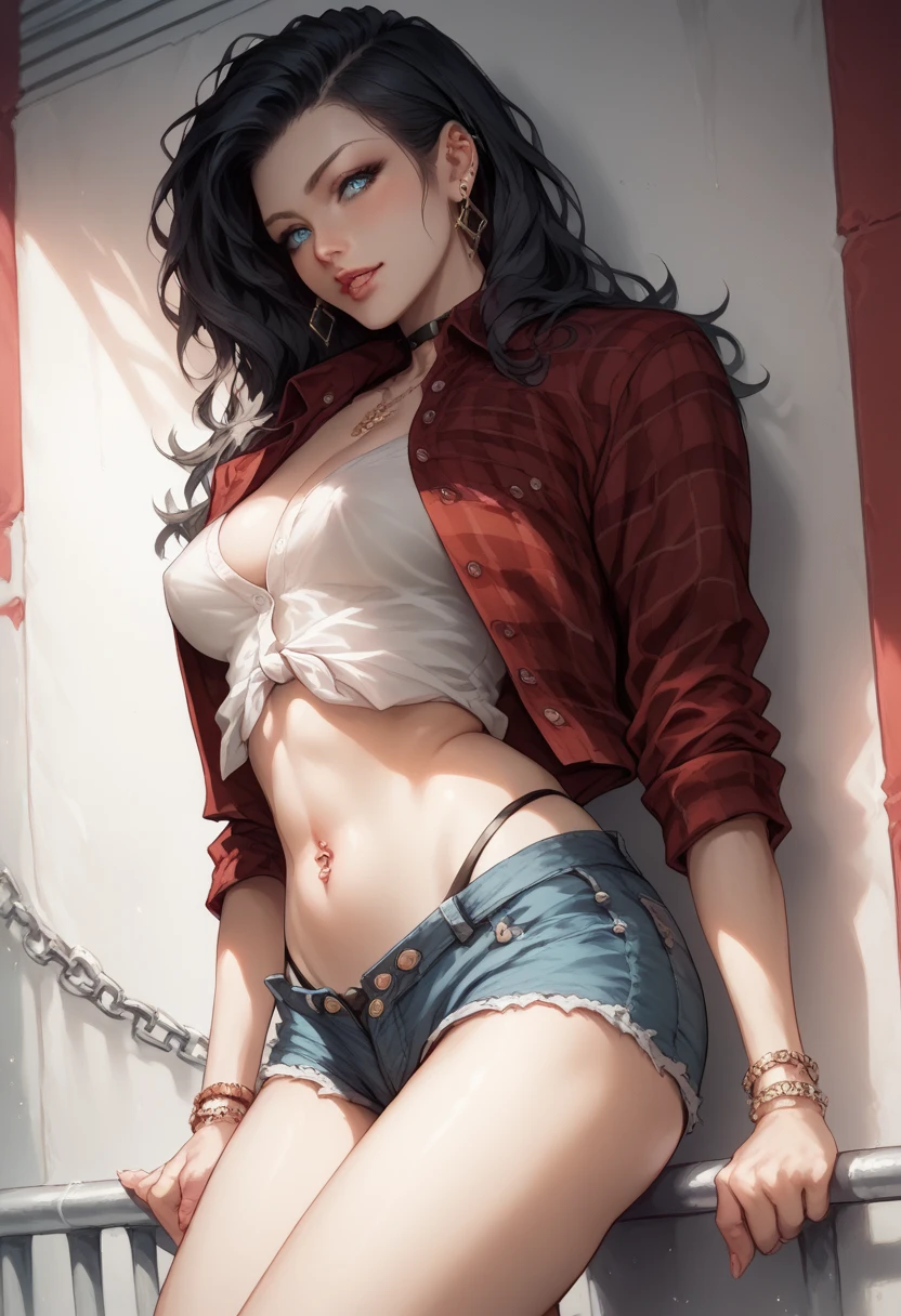 1 Girl, white girl, thot, Blushing,  (((Wet Skin)), short shiny black hair, beauty, top heavy lips, cat eye eyeliner, Indoors, (on_back), Crotch, Bottomless, Abrola Prisoner, Torn Clothes, See-Through Bra, See-Through Panties, Metal Collar, Shackles, Slaves, Chains, Shackles, The World of Marquis de Sade, Best Quality, Masterpiece, Ultra High Res, ( photorealistic:1.4), RAW photo, white top and denim shorts, visible thong straps, big boobs, mischievous look on face, thong, smokey eyes. ((girl pulling down her shorts, stripping))