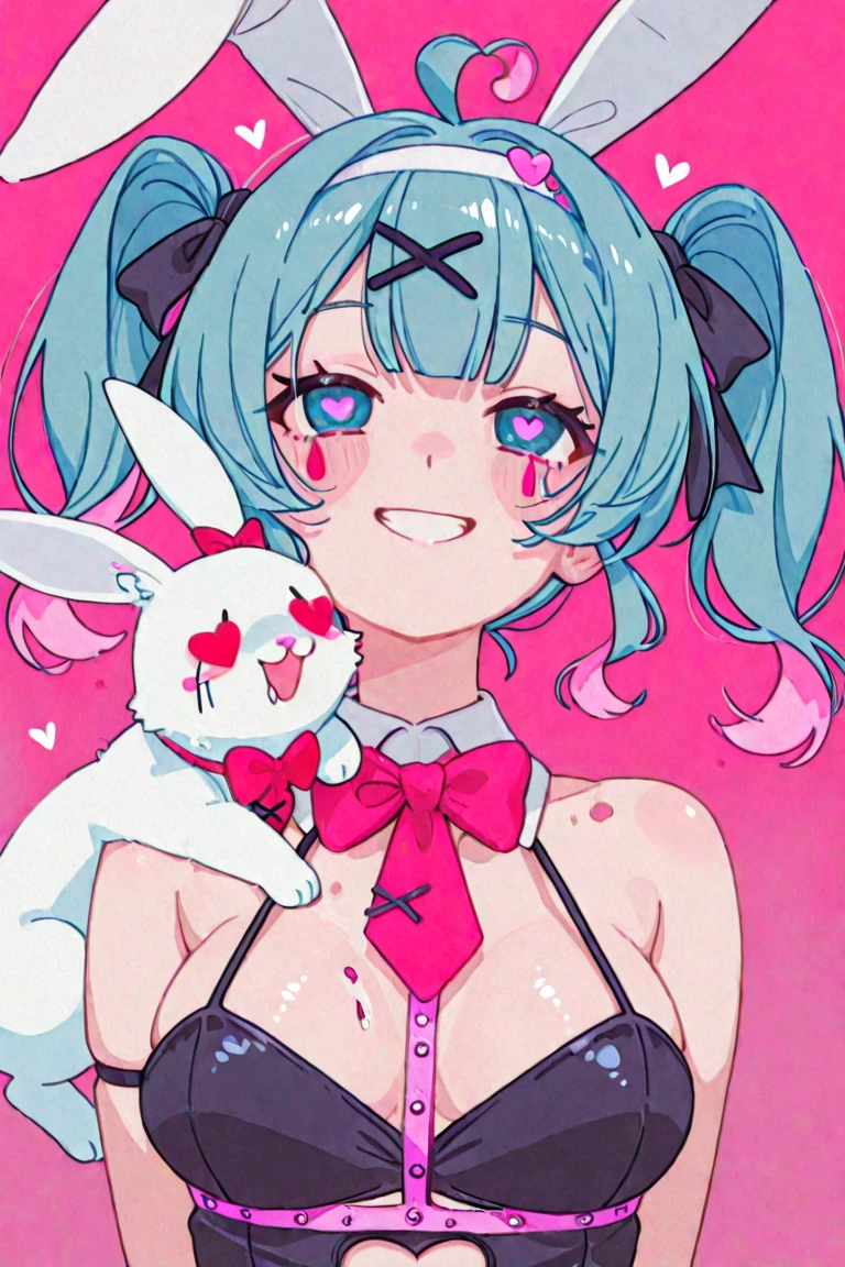 I have white pink hair, cat ears, a bun, my face is super blushing, black glasses, pink heart eyes, and if you could, in lingerie, black stockings, a cat's tail, a very shy girl, that you are lying on your bed how suspicious it is very small