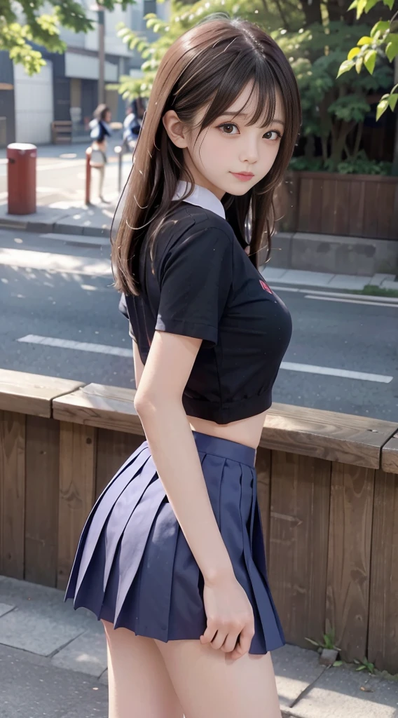 concept art, small chest, hips, look at viewer, turing back, showing butt, skirt up, lifting skirt, shy blush face, sexual expression, 1school girl, wearing white school top, Japanese school dress, unconcerned, NSFW, quality, in the garden, , contrast, dark, little chubby