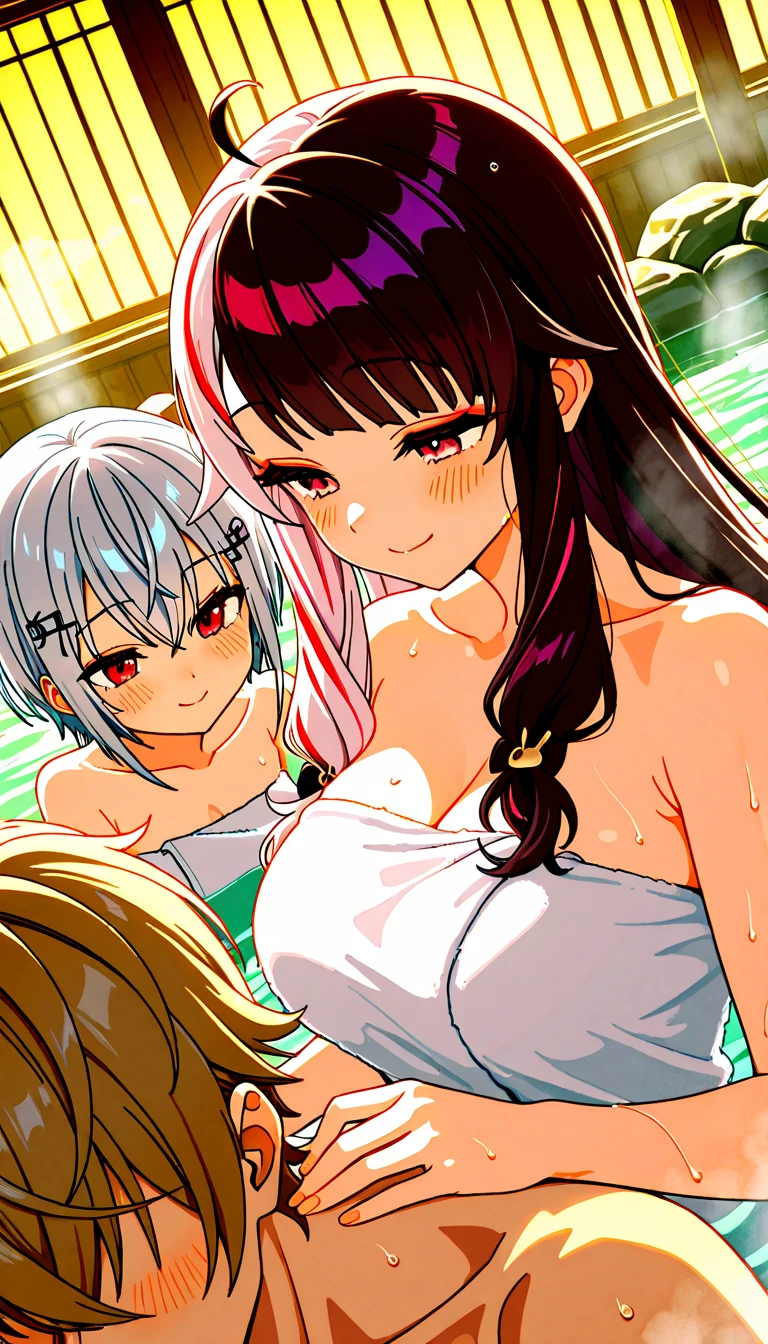 Two busty girls face to face, White hair, purpleeyes, bathing towel, Photorealsitic, Towels, Tinas, Side seams, Wallpapers, NSFW,Squat down and open your legs