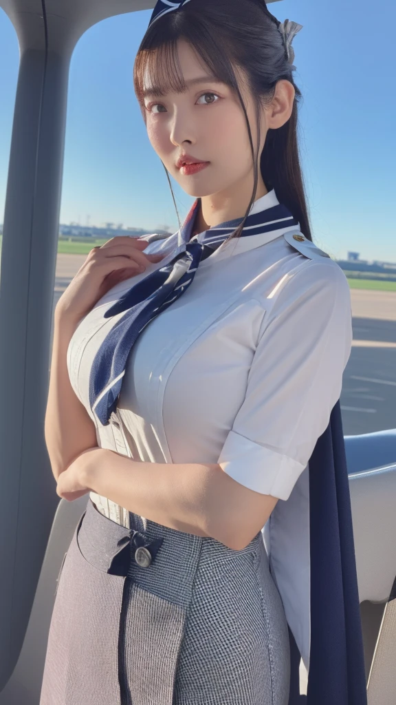 Highest quality、Ultra-high resolution、RAW Photos、((Shooting from below))、Professional Lighting、Detailed Background、Inside the plane、Inside the aircraft 、Facing forward、full body、Reze、(女性用のflight attendantの制服:1.2)+(Black tight office skirt:1.1)、flight attendant、 CA、solo、25-year-old woman、(Dark purple hair、Short Hair、Hair tied behind the head)+(Green Eye)+(black ring choker)、、(Huge breasts that look like they might burst:1.0)、(Big thighs:1.0)、Laughter、Take a seat、(Looking down the skirt and seeing the underwear)、White shorts、Photographed from directly in front、Close your legs