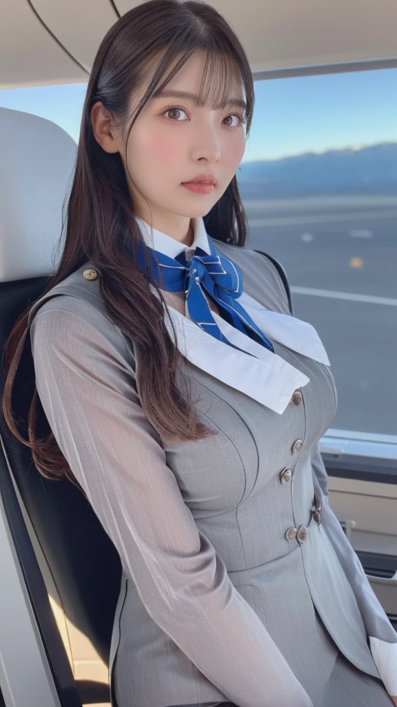 (Detailed skin:1.2),(Shiny skin:1.1),8k,Highest quality, masterpiece, Ultra-high resolution,(Realistic:1.4), RAW Photos,(Soft saturation:1),(Fair skin:1.2),(Succubus:1.2),Half-Japanese beauty,23 years old, (Light brown hair),(Long Hair:1.3)), (Pretty face:1.4), (Large Breasts, Tight waist,Big firm hips:1.2), ((Beautiful lighting:1.3)), ((Flight attendant uniform:1.2)),(Highly detailed face, Highly detailed lips, fine grain, double eyelid,Highly detailed and evenly balanced eyes), (Sharp focus:1.2), ((Full Body Shot)),(Perfect Anatomy:1.3),(Beautiful woman with perfect figure: 1.2)、((Random sexy poses:1.2))、Sharp Eyes,smile,(Inside the jet)