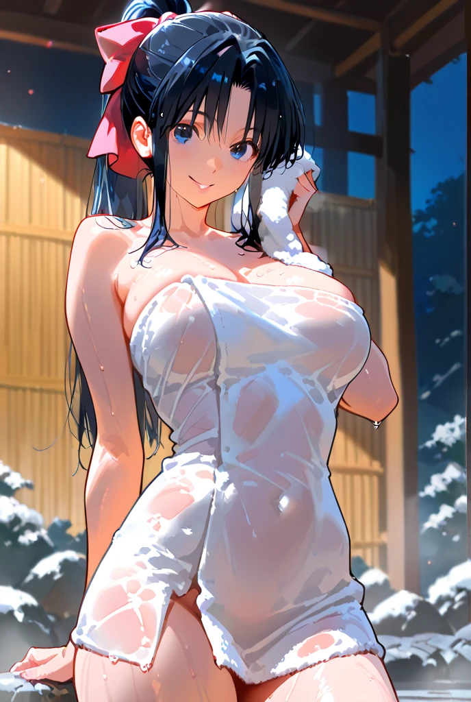 Hime cut with long black hair、Has straight bangs and blue eyes、A girl with big breasts is relaxing in a hot spring。She wrapped a bath towel around her、Immerse yourself in warm water up to your chest。The background features a traditional Japanese hot spring landscape.、Steam rises、Nature is all around。The girl has a calm and satisfied look.。