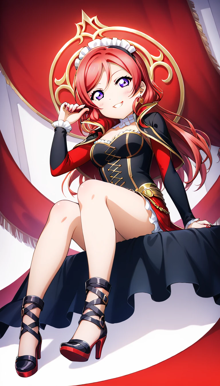 Mei hatsume,\(my hero academia\),my hero Mei Hatsume, a girl with yellow eyes with cross-shaped pupils and asymmetrically combed pink hair, with two longer locks on the right side of her face,(Wearing),+,(Imagine a dazzling, erotic twist on the traditional Mrs. Claus costume for a provocative Christmas cosplay. Start with a floor-length velvet dress in a rich crimson red hue, reminiscent of Santa's iconic suit. The fitted bodice should feature intricate gold embroidery reminiscent of festive holly leaves, with a plunging neckline that shows off ample cleavage. A wide satin sash cinches the waist, accentuating your curves before flowing into a dramatic pleated skirt. Add a few tempting touches, like sheer thigh-high stockings in a deep berry hue, supported by garter belts adorned with little bells. A pair of patent leather knee-high boots completes the look, their sleek black surface contrasting beautifully with the vibrant red dress. For a final flourish, incorporate some fun and mischievous elements – perhaps a little Santa hat dangling from the top of your head or a sprig of mistletoe cleverly hidden inside your cleavage. The overall effect should be a sensual, seductive take on classic holiday attire, perfect for offering sensual surprises under the mistletoe this Christmas season.) ,  