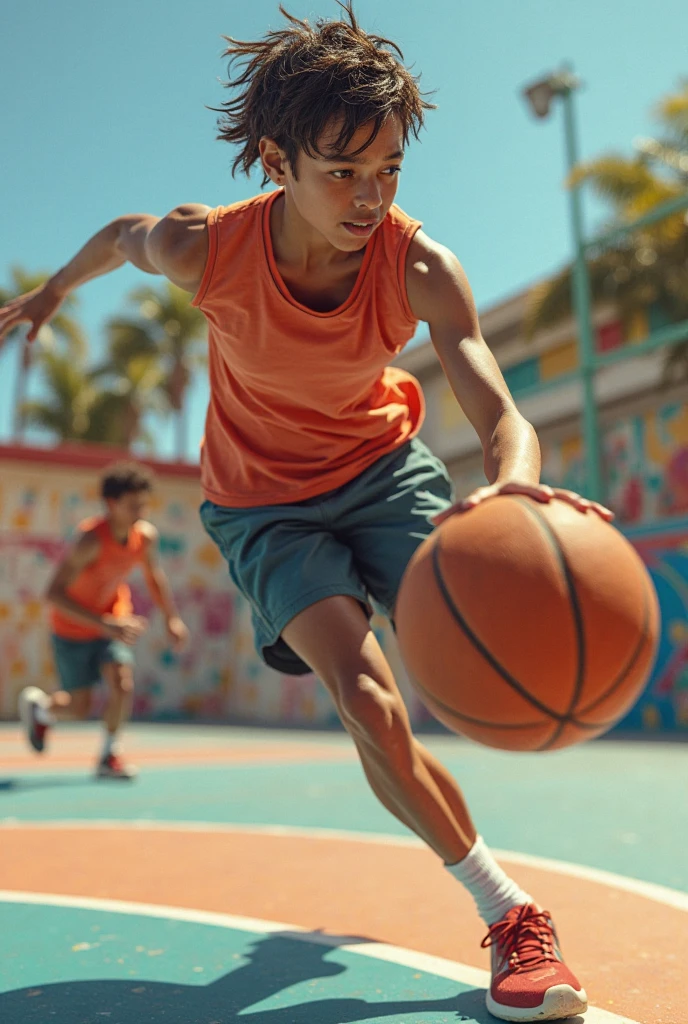 White boy playing basketball