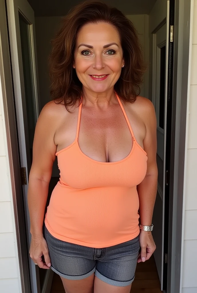 Margaretha Krook, her name is Agneta, high quality, 1 old woman, ((45-year-old plump swedish woman)), ((45 years old)), (((wrinkled body))), ((small breasts)), ((long brown hair)), ((green eyes)), no make up, (pale skin), ((Fat Body)) POSE: standing, ((she is nude)), seductive, sultry, BACKGROUND: indoor: vintage living room, brick wall ((realistic vagina))