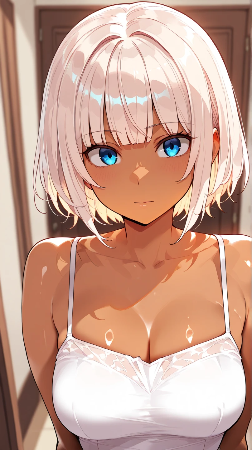 masterpiece, best quality, movie still, 1girl solo, female focus, looking at viewer, smiling, upper body, depth of field, (watercolor illustration, soft pastel colors:1.1), realistic, white hair, white eyes, naked, perky small breasts