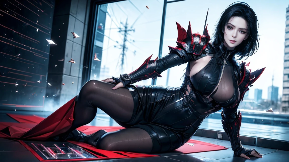 (beautiful woman, woman in her late 20s, 1 woman, spider features, spider-like body, red and black hair, red eyes, spider themed dress, intricate details, highly detailed, photorealistic, 8k, masterpiece, hyper realistic, volumetric lighting, dramatic lighting, cinematic lighting, fantasy, dark fantasy, dark arts, dark, moody, dramatic)