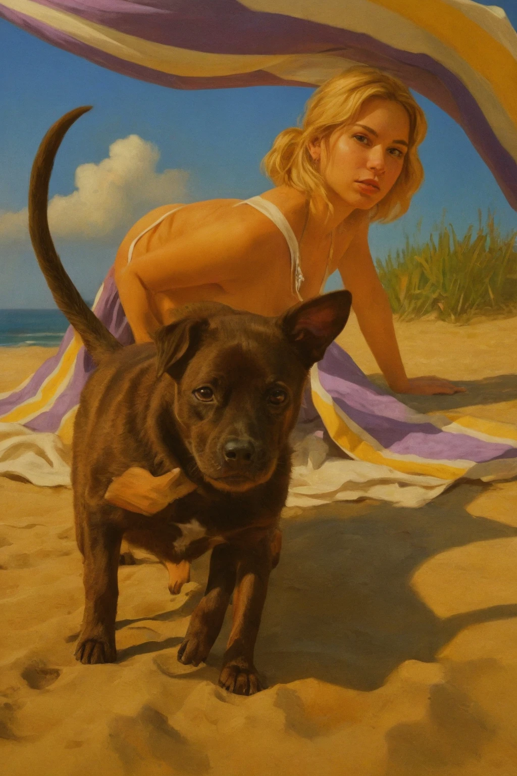NSFW (nude) (Nami ((human)) large breasts, strip of pubic hair) doggy style fucking male furry Rottweiler with knotted penis, full body, on a deserted beach