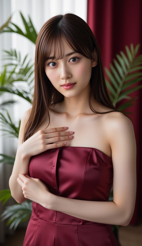 (highest quality,8K,masterpiece), Arafe Asian woman in black dress doing yoga pose, japanese goddess, japanese model, elegant japanese woman, Captured on 2 0 2 0, Japanese style, pose with your hands behind your body!, big breasts,emphasize cleavage, very beautiful face,lip gloss, butt,peach,wearing a red tight dress,wearing garter stockings,