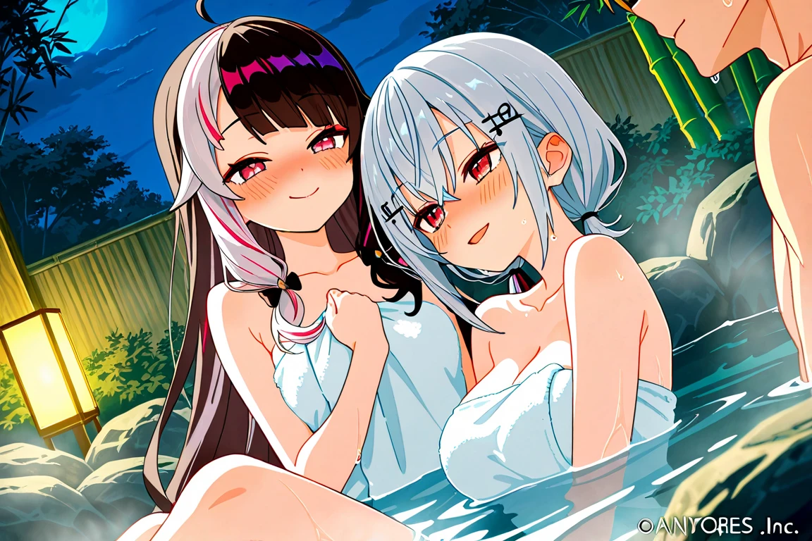Anime Moe Art Style,Highest quality,High resolution,Anatomically correct,Multiple Girls,Mid-teens,Mr.々Hair style,Super detailed,Big Breasts,Shiny skin,Beautiful Skin,A rich expression,Shy laugh,high school girl,Gal-style girl,night,Open-air bath,Completely naked,Nipples are visible,Poses that accentuate the chest,Sexy pose,Eyes drawn in detail,8K