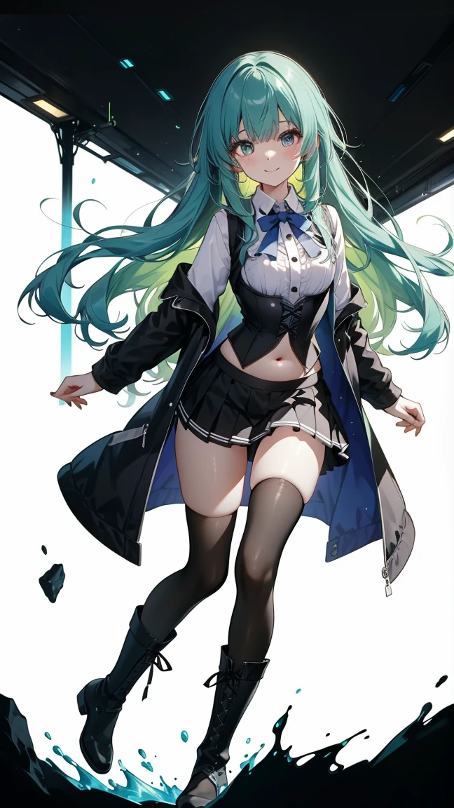 Masterpiece, best quality, mint theme, white hair, mint eyes, black eyes, heterochromia, medium breasts, shiny, chibi